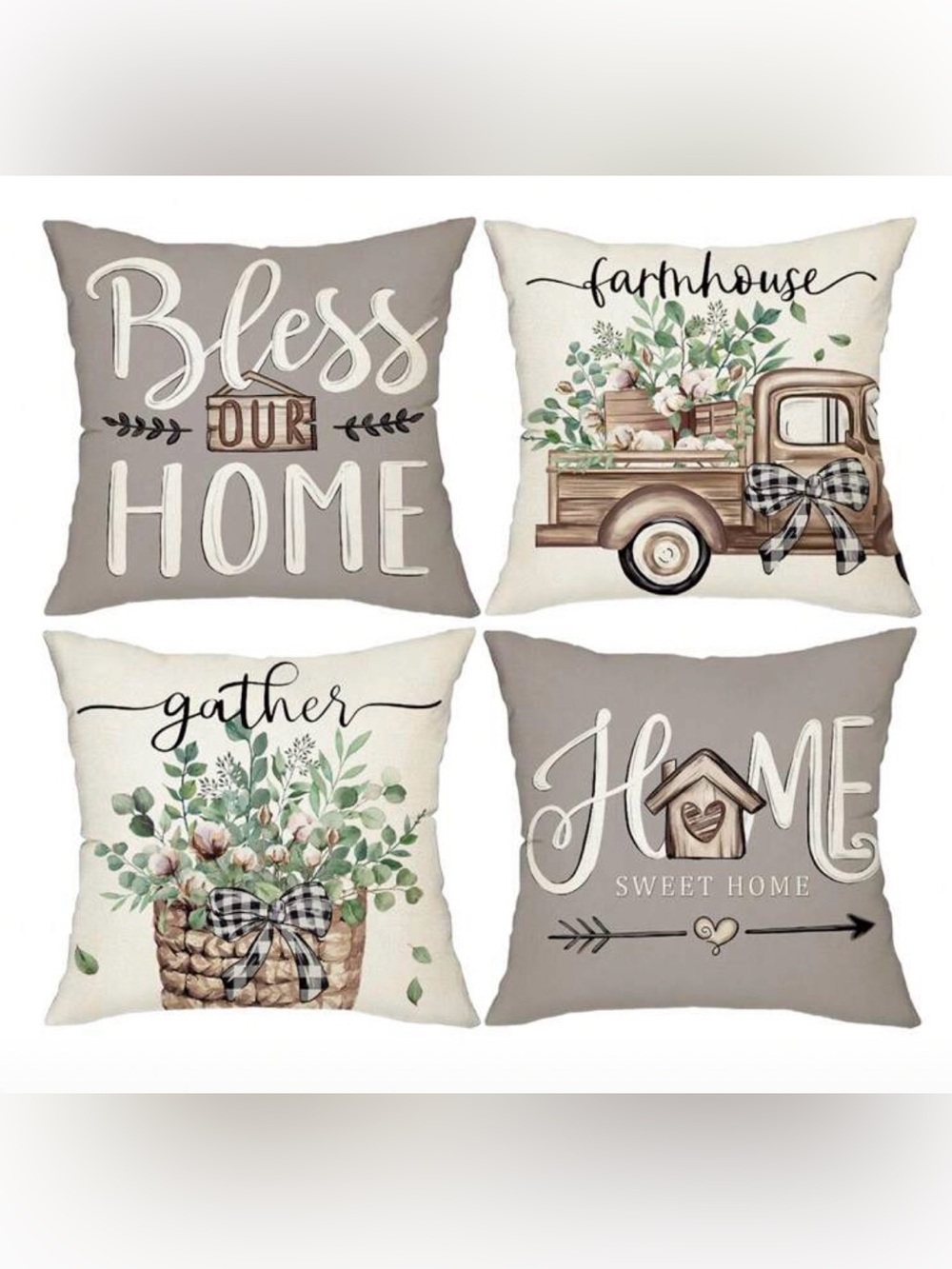 Farmhouse Throw Pillow Covers ~ Set of 4 ~ NEW ~ Neutral Floral & Bushel Designs